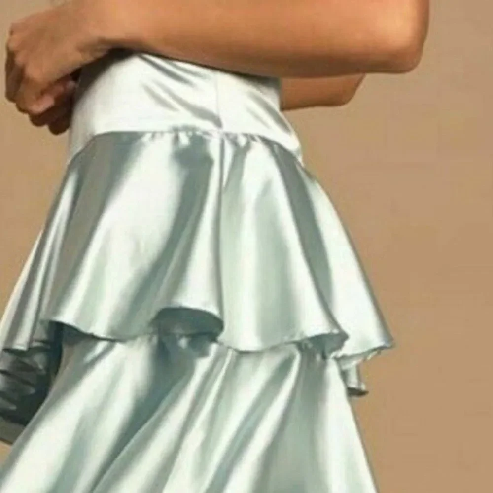 Lulus Mint Blue Satin Tiered Asymmetrical Midi Dress - Picture 10 of 14